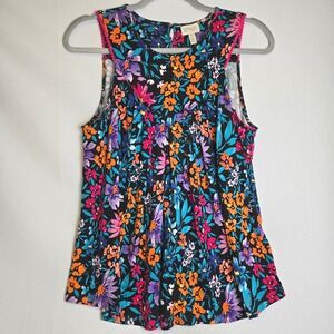 Greige Sleeveless Floral Pintuck Top Black Colorful Bright Summer Spring Medium